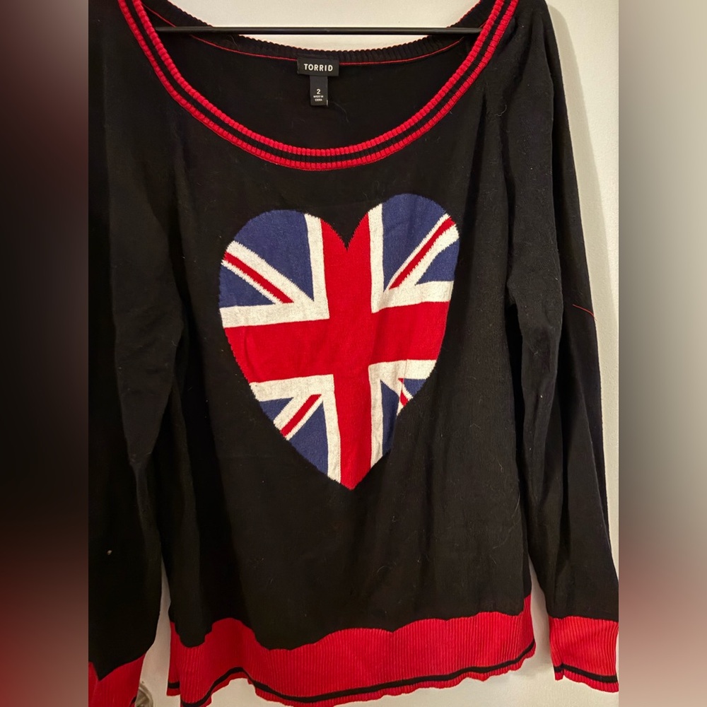 Torrid Black Sweater with Union Jack Heart